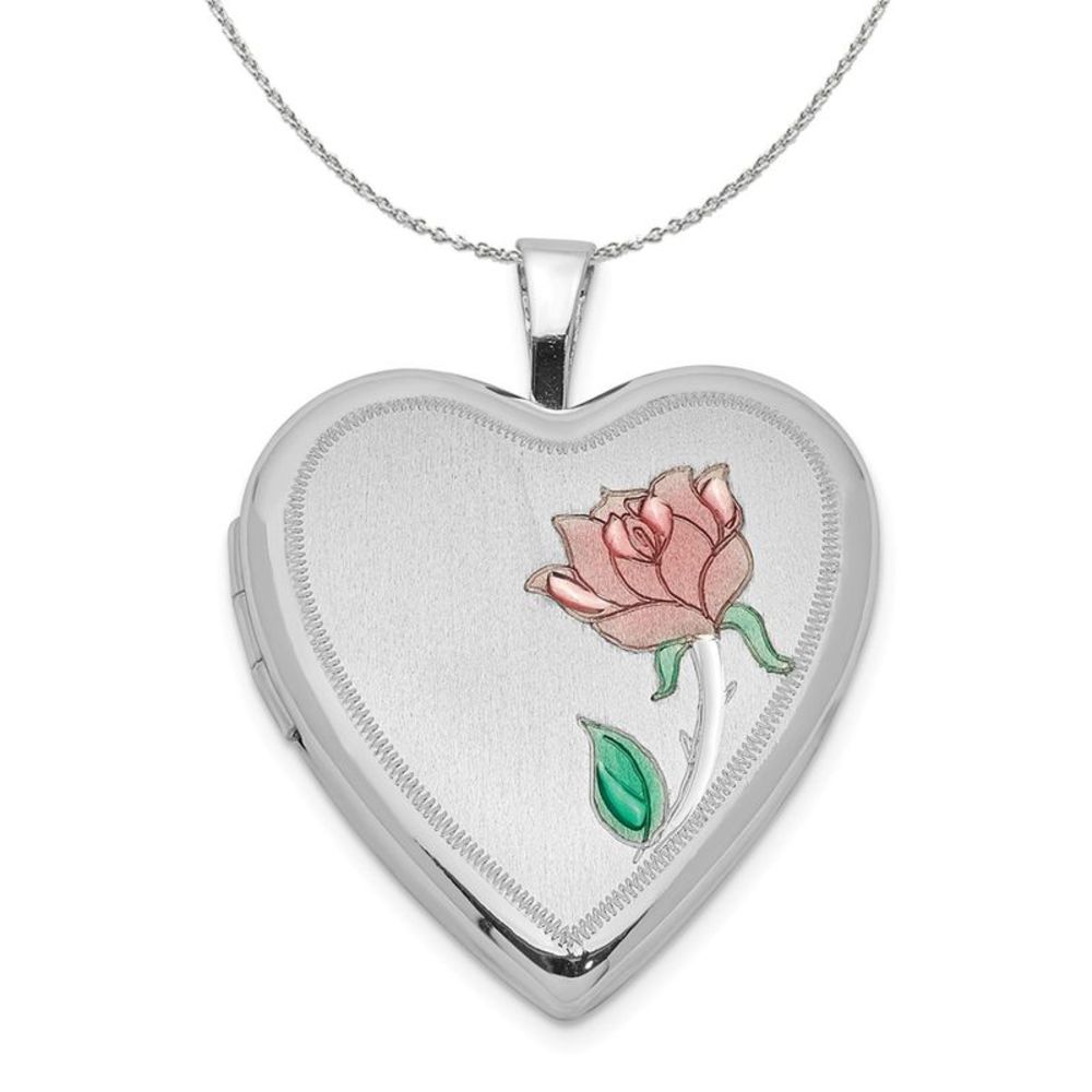 Sterling Silver and Enamel 20mm Rose Heart Locket Necklace - 16 inch